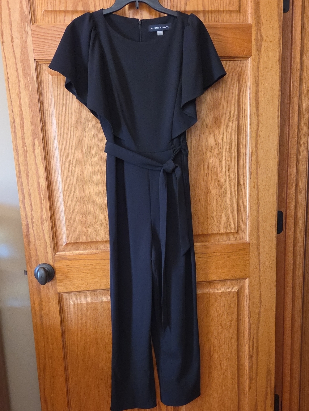 Andrew Marc Black Flutter-Sleeve Belted Jumpsuit